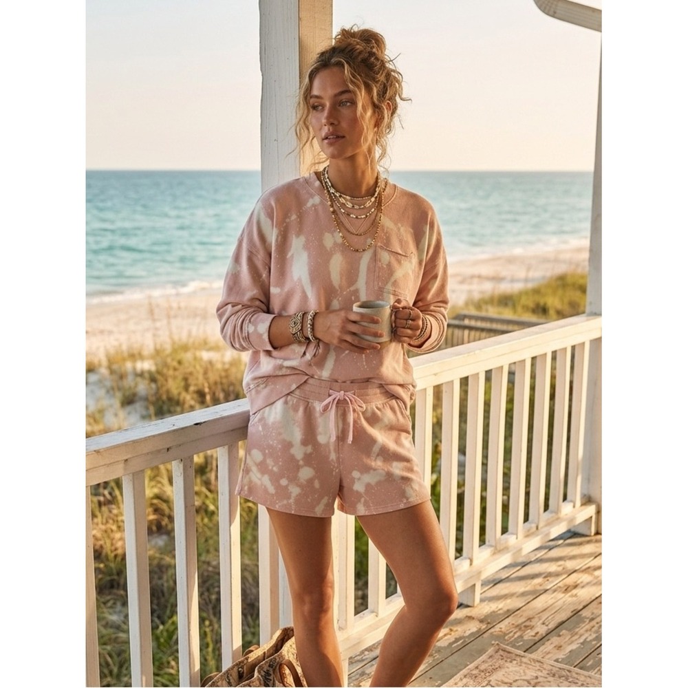 Natural Reflections Pink Bleach‎ Splatter Sweatshirt Shorts Set M Coastal Casual